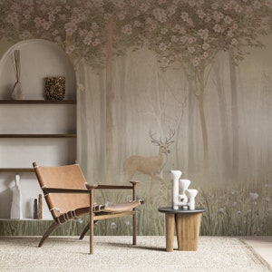 Papier peint forêt magique, arbres et cerfs, papier peint pour enfants