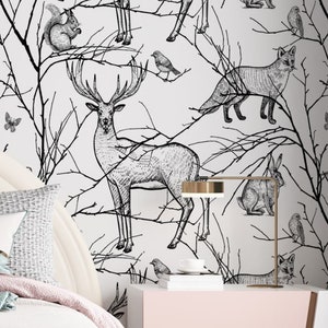 Woodland Peel and Stick Wallpaper: Rustic Forest Animals Wall Mural