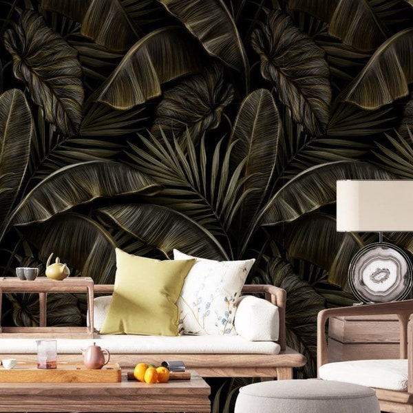Banana leaf wallpaper, dark botanical mural, tropical wallpaper