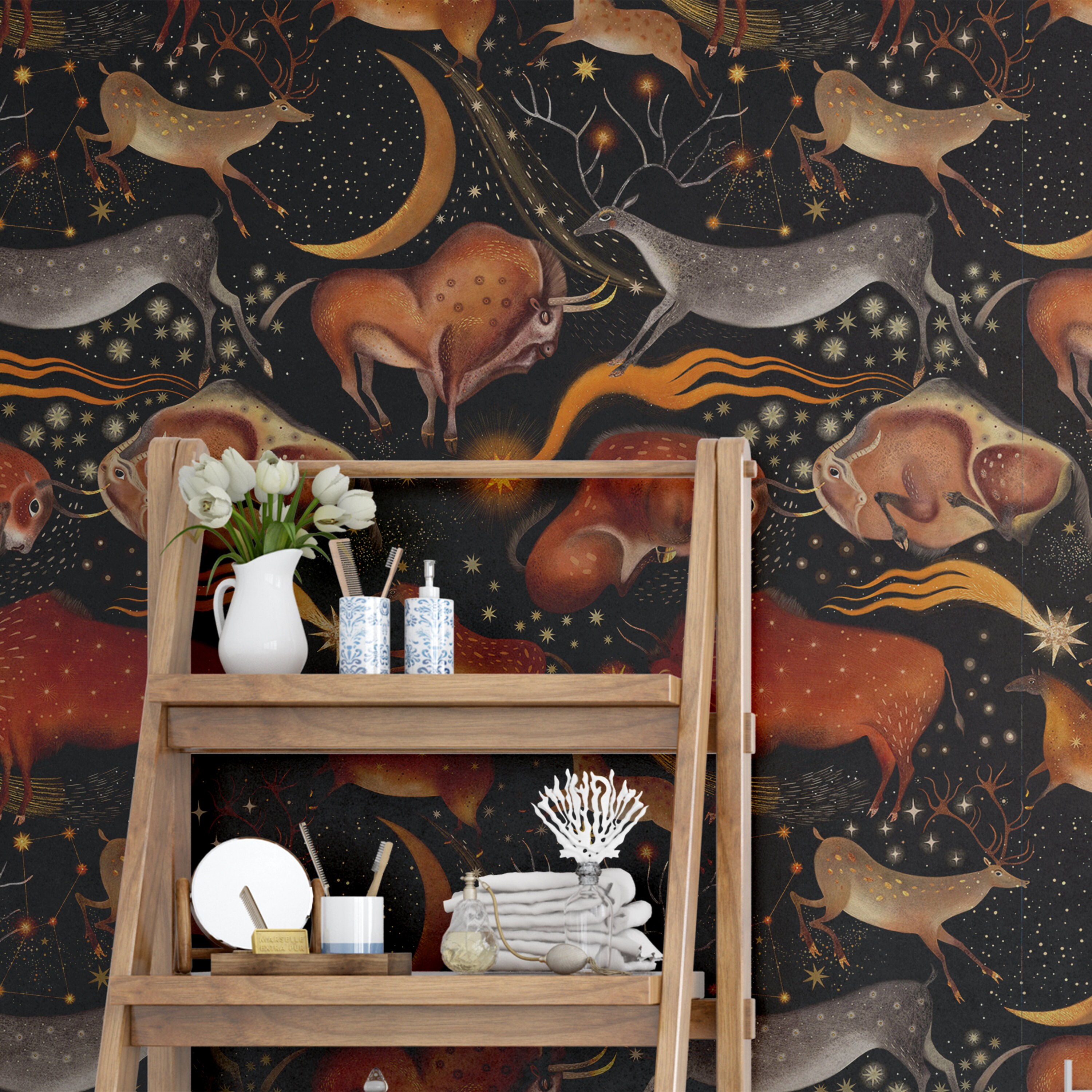 Celestial Animal Wallpaper: Dark Fantasy Bison & Deer Peel and Stick ...