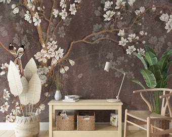 Chinoiserie Wallpaper, Birds and Flowers, Japanese Wallpaper, Asian Wallpaper, Tree Wall Mural, Removable Wallpaper,
