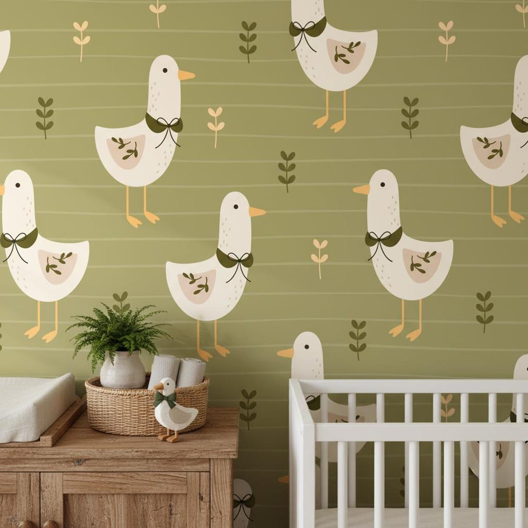 Modern Goose Wallpaper Olive Green | Scandinavian Farmhouse Nursery ...