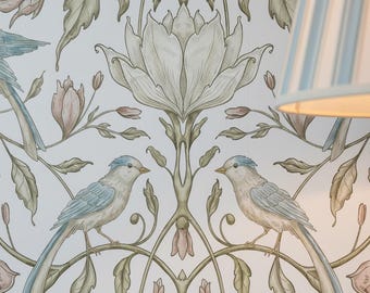 Vintage Bluebird Damask Wallpaper, Botanical Lotus Wall Mural, Removable Peel and Stick Non-Woven William Morris Style Wallpaper