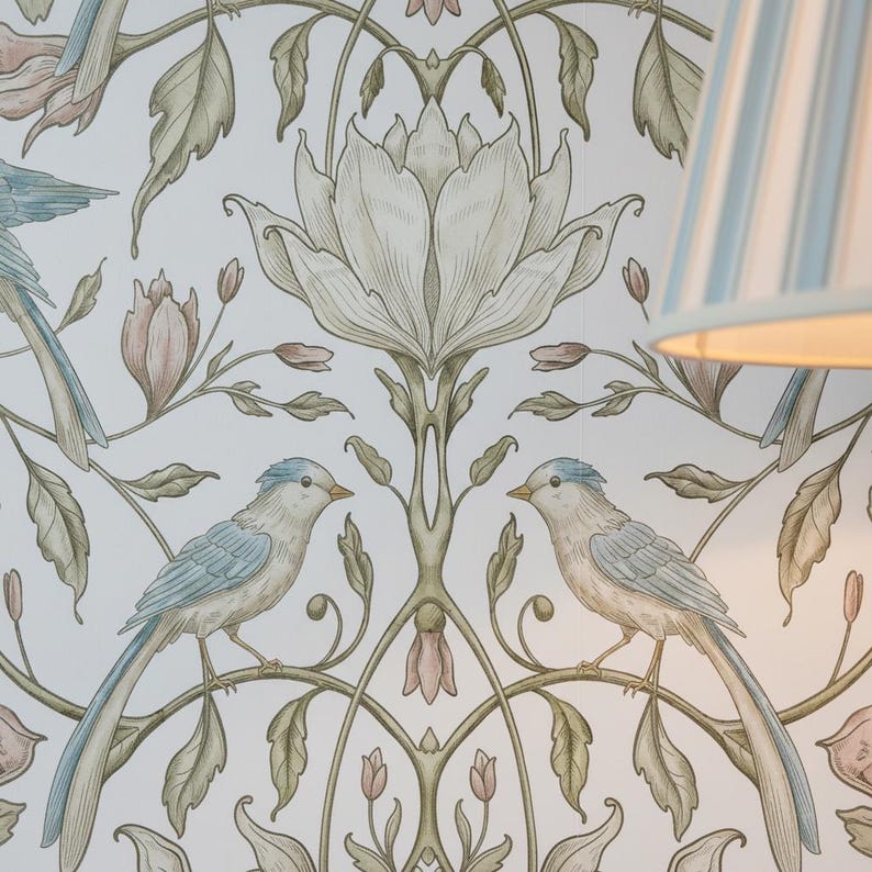 May include: Wallpaper featuring a repeating pattern of symmetrical floral motifs and two birds facing each other. The design includes muted green leaves, pale pink flower buds, and large central white blossoms on a light background.