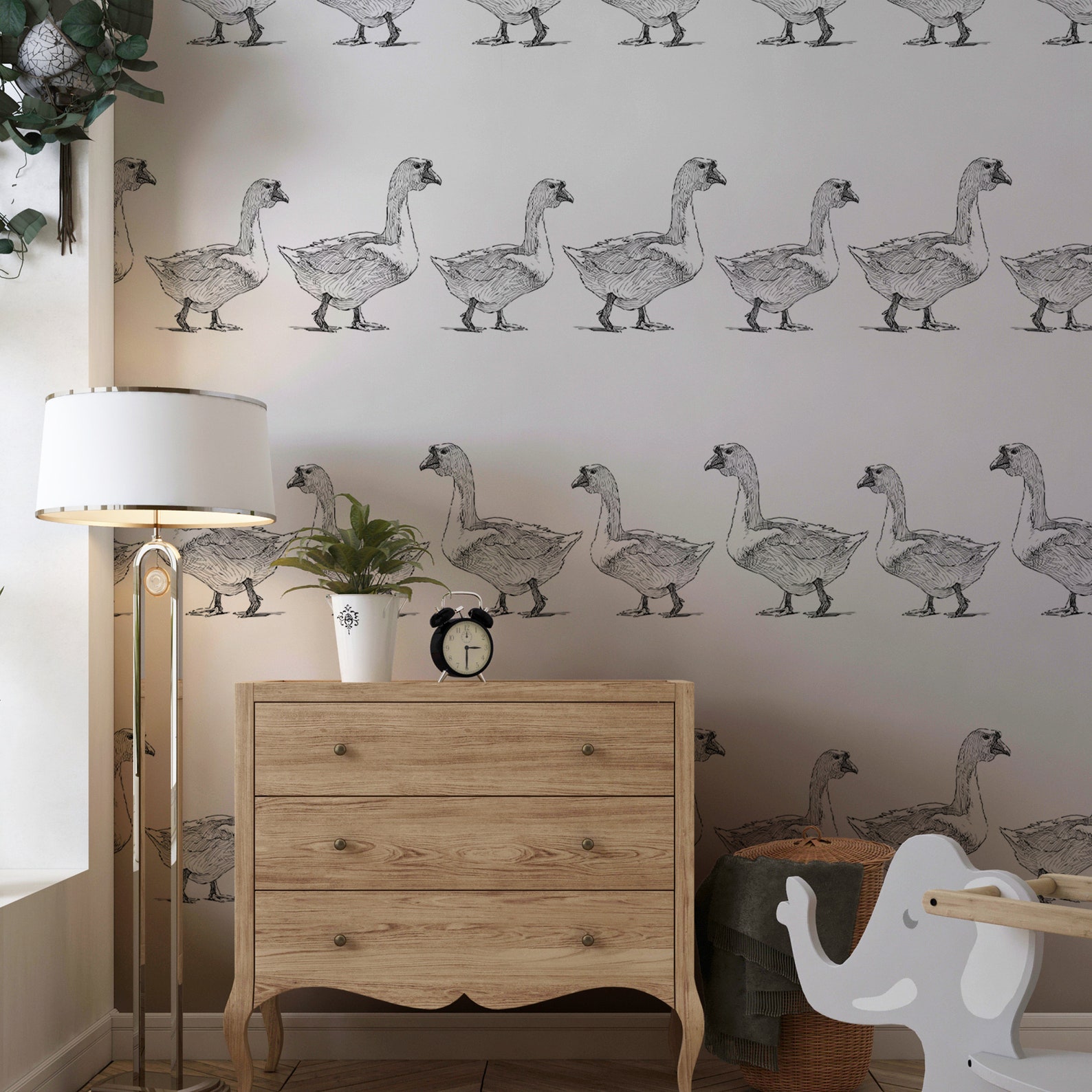 Vintage Nursery Wallpaper, Geese Wall Mural, Cute Goose Kids Room Decor ...