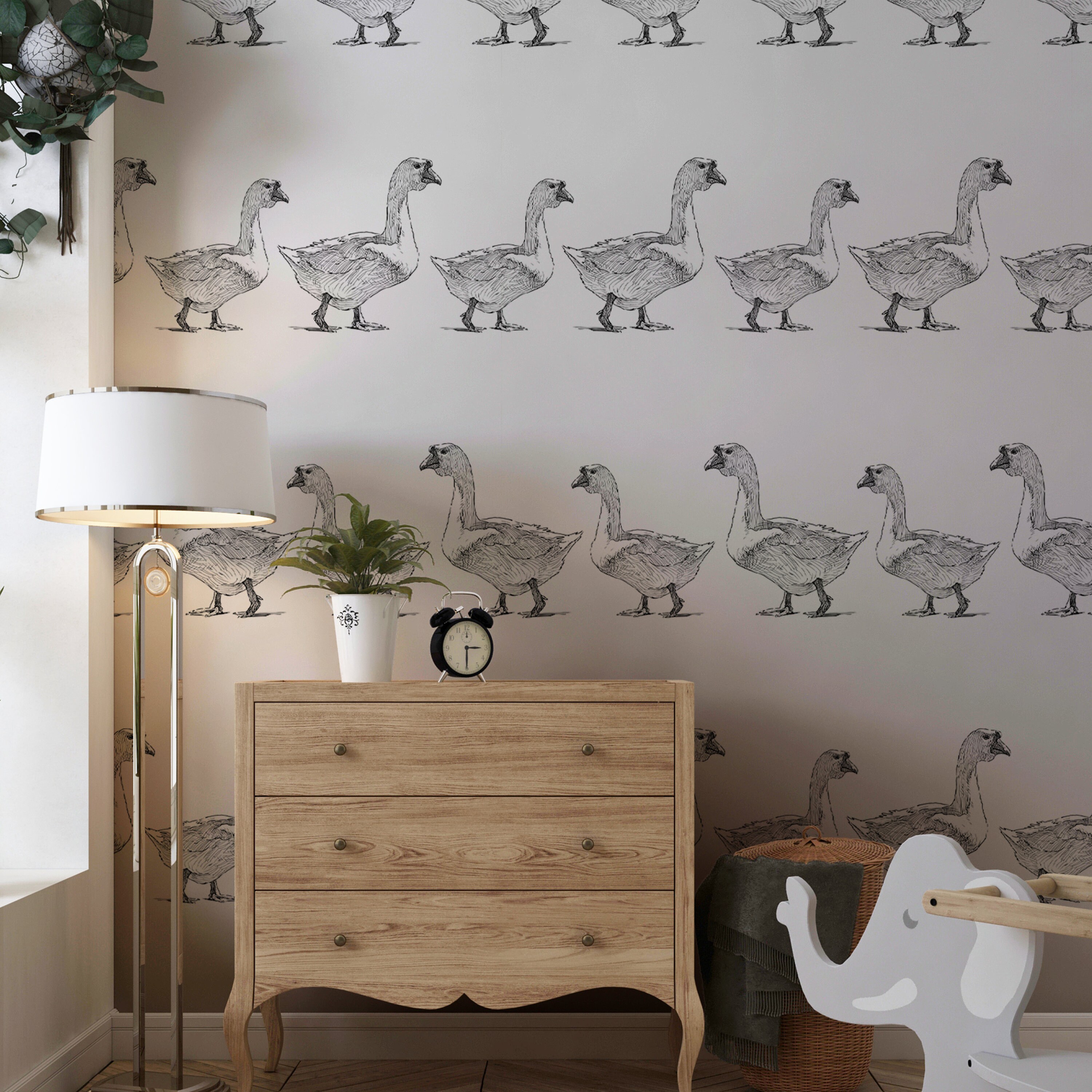 Vintage Nursery Wallpaper, Geese Wall Mural, Cute Goose Kids Room Decor ...