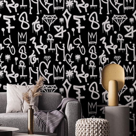 Black Graffiti Wallpaper Mural: Urban Street Art, Peel and Stick