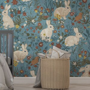 Vintage Rabbits Wallpaper, Kids Wallpaper Peel and Stick Nursery Boho Decor, Woodland Animals