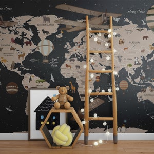 World Map Wallpaper Kids, Peel and Stick Mural, Nursery Wallpaper, Peel and Stick Playroom Wall Mural