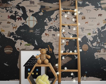 World Map Wallpaper Kids, Peel and Stick Mural, Nursery Wallpaper, Peel and Stick Playroom Wall Mural
