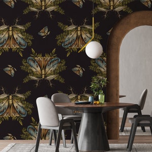 Removable wallpaper vintage moth and fern, peel and stick woodland wall mural