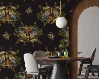 Removable wallpaper vintage moth and fern, peel and stick woodland wall mural