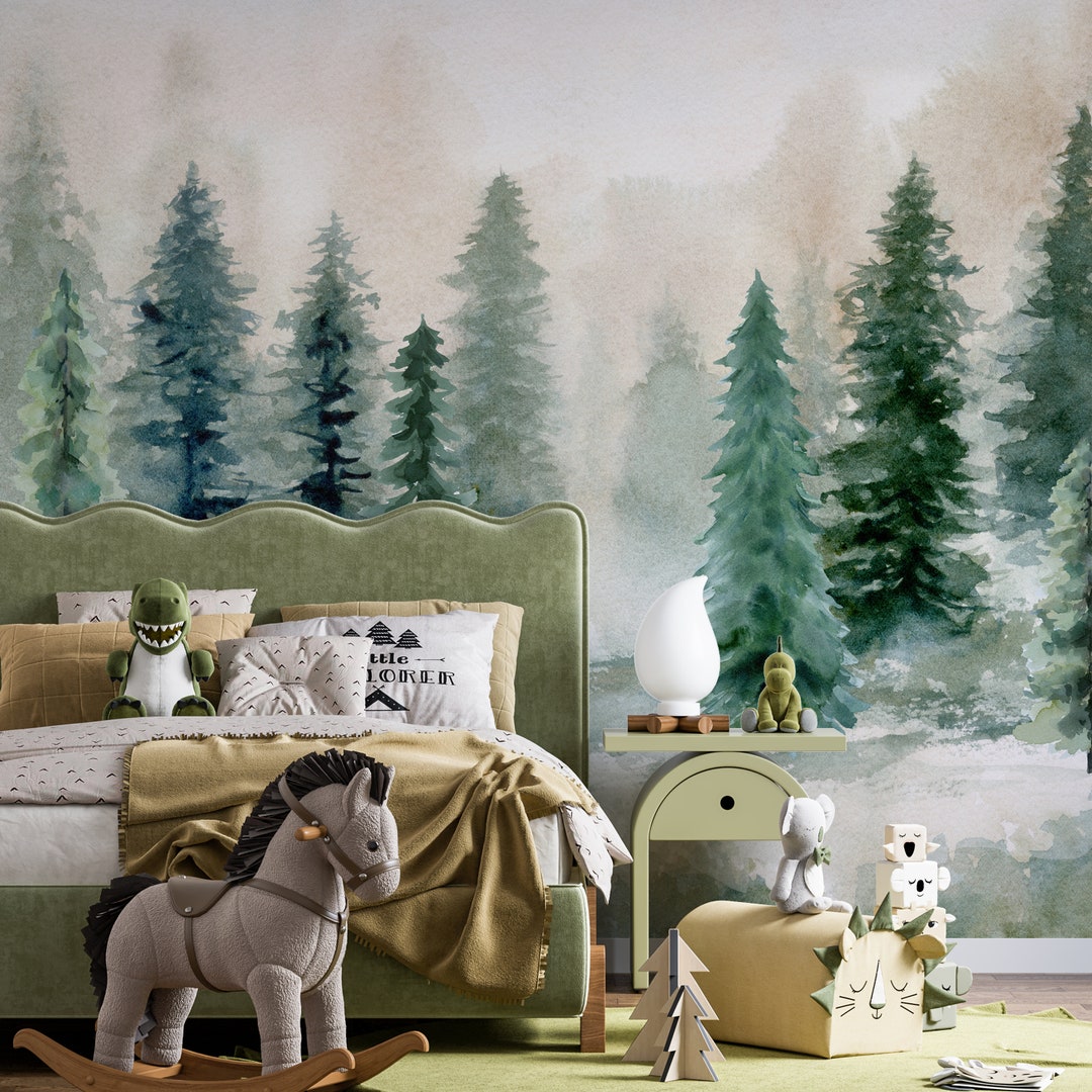 Woodland Wallpaper Peel and Stick Watercolor Wall Mural Fairy Pine Tree ...