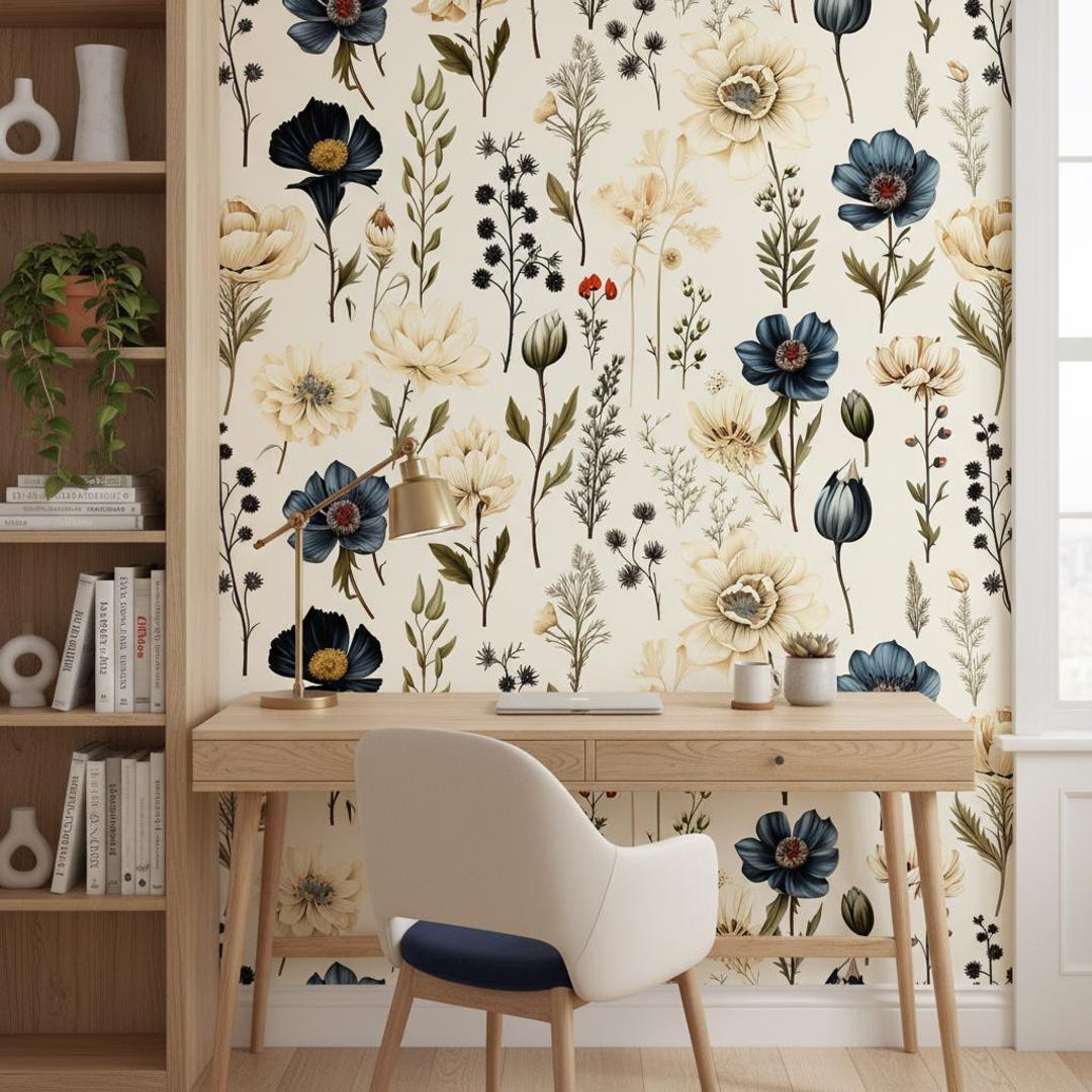 Botanical Wallpaper - Navy Blue & Cream Floral Peel and Stick ...