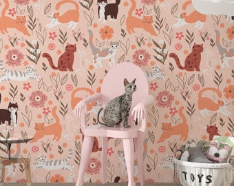 Cats Wallpaper Peel and stick, Removable Nursery wallpaper, Kids room wall mural