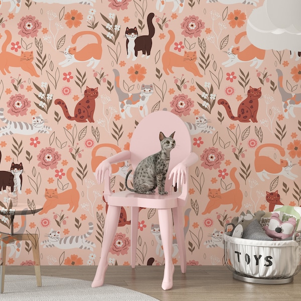 Cats Wallpaper Peel and stick, Removable Nursery wallpaper, Kids room wall mural