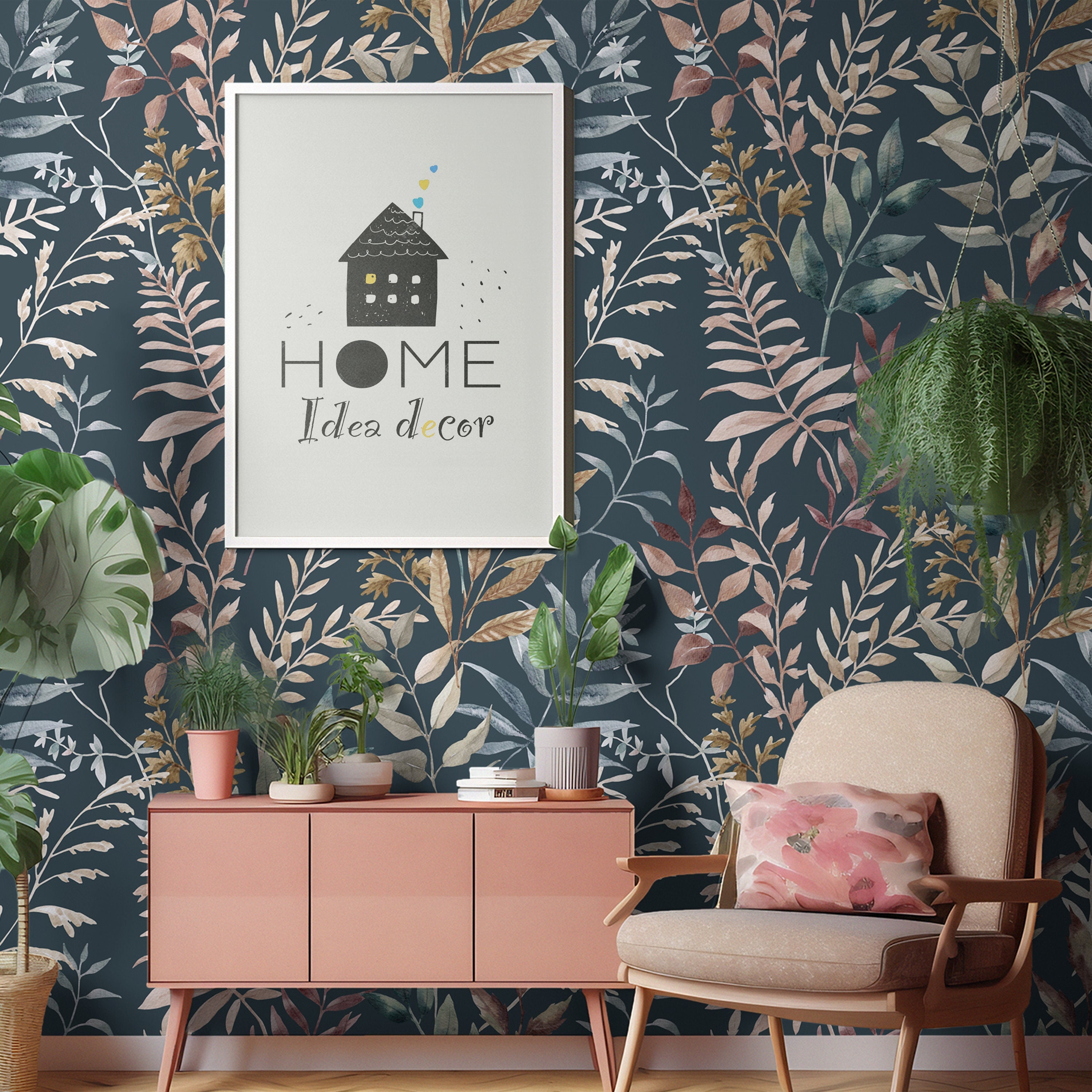 Navy Blue Botanical Wallpaper, Peel and Stick Wall Mural, Leaves