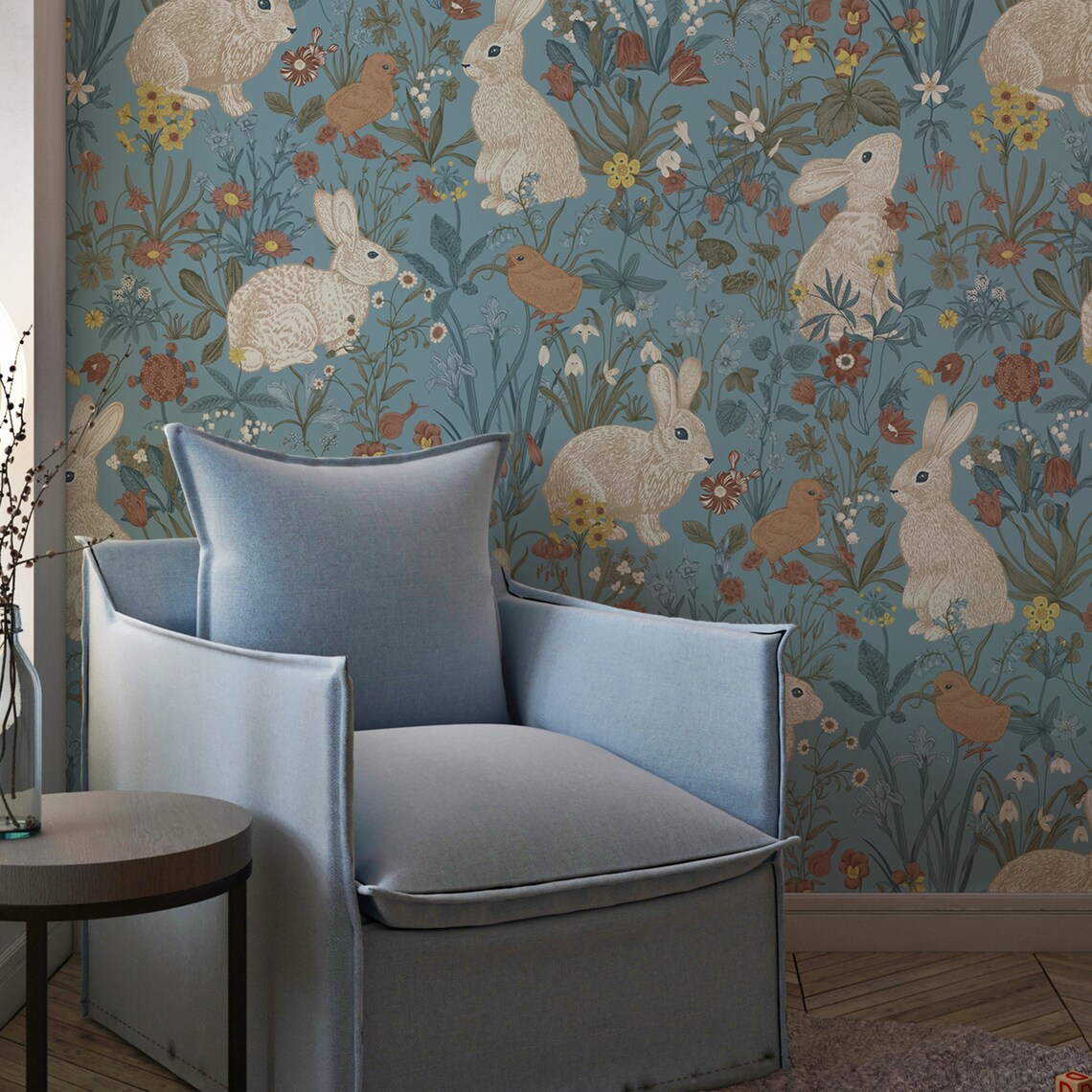 Tapeta Rabbit Vintage Rabbits Wallpaper, Kids Wallpaper Peel and Stick Nursery Boho ...