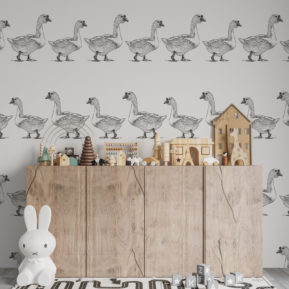 Vintage Nursery Wallpaper, Geese Wall Mural, Cute Goose Kids Room Decor ...