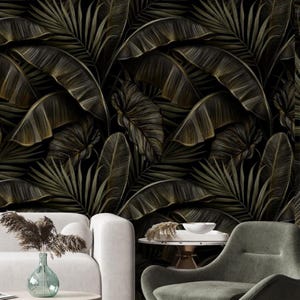 Bananenblatt Tapete, dunkles botanisches Wandbild, tropische Tapete