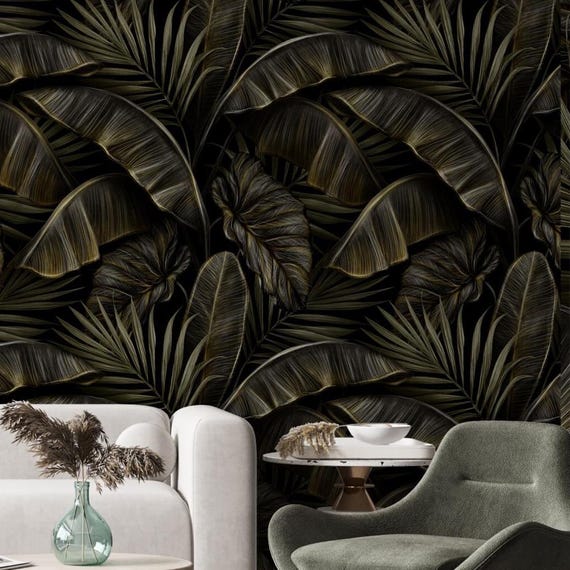 Banana leaf wallpaper, dark botanical mural, tropical wallpaper