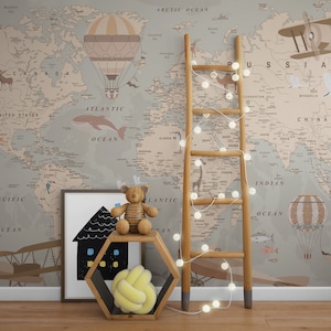 Kinderzimmer Weltkarte Tapete, Wandbild für Kinderzimmer, Abzieh- und Aufklebe-Tapete