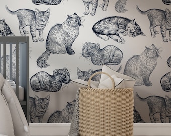 Peem and stick wallpaper cute cats, removable nursery wallpaper, kids room wall mural
