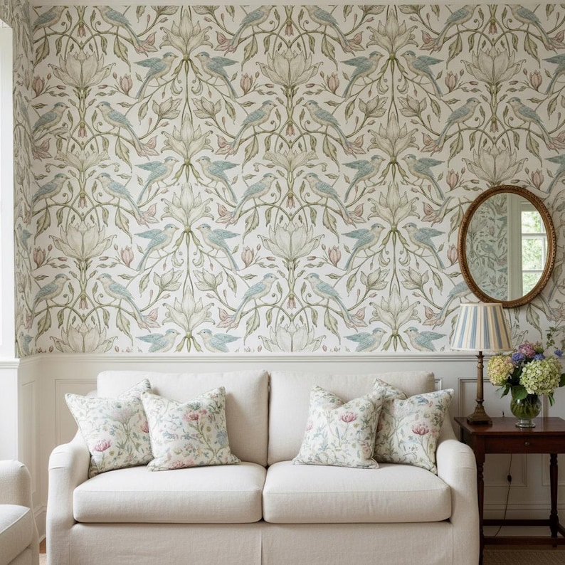 May include: A cream-colored sofa with four floral patterned throw pillows sits against a wall covered in wallpaper featuring a repeating pattern of light blue birds, green leaves, and pale pink flowers. A wooden side table holds a lamp and flowers.