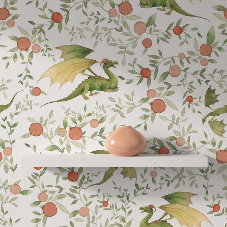 Dragon Wallpaper for Kids Room | Watercolor Nursery Wall Mural | Peel ...