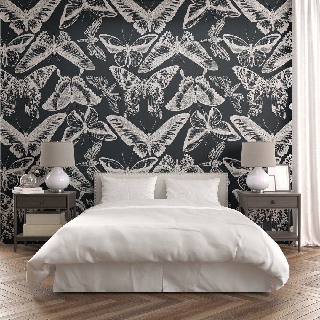 Butterfly Peel and Stick Wallpaper, Modern Vintage Wallpaper, Dark Wall