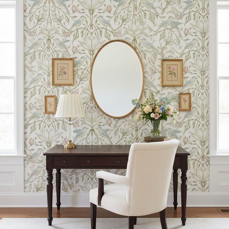 May include: A dark wood desk with a pleated lamp, an oval mirror, and a cream upholstered chair. The wall features floral wallpaper with birds. Four small framed botanical prints hang on the wall, and a glass vase holds a bouquet of flowers.