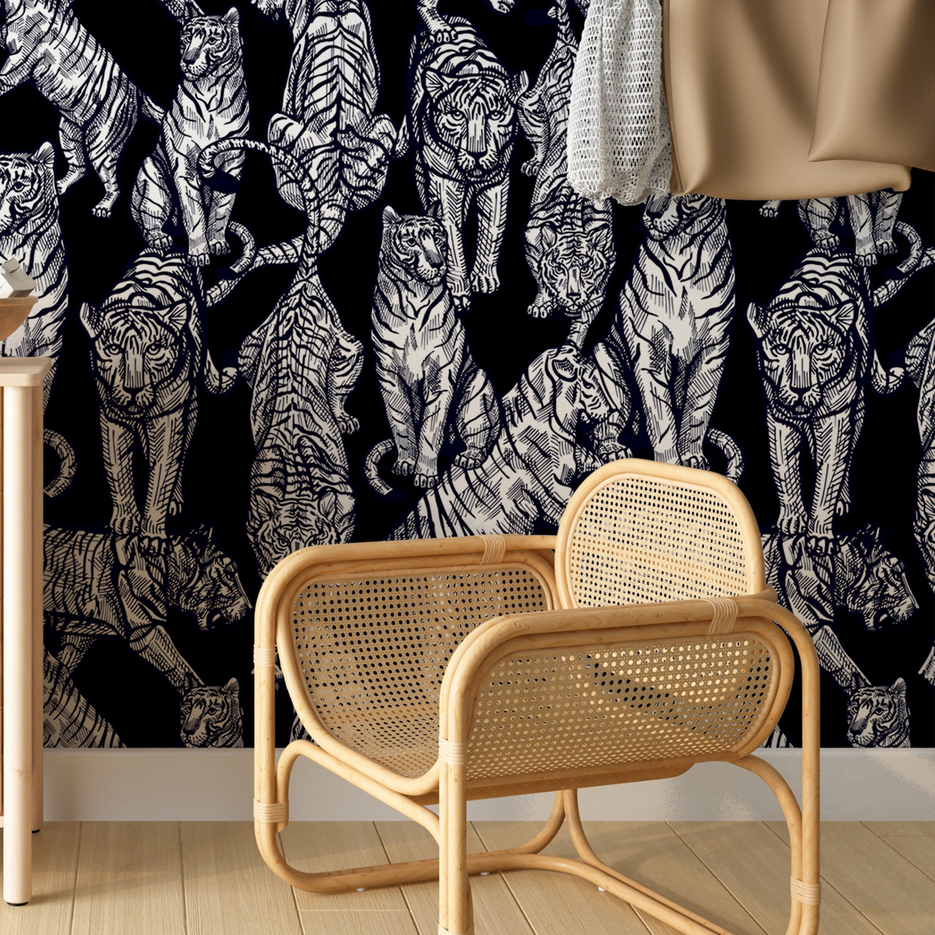 Tiger  Wallpaper, Black Elegant Wildlife Wallpaper Peel and Stick or Traditional paper