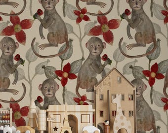 Whimsical Monkey Wallpaper: Jungle Nursery Decor, Red Flower Botanical, Peel & Stick
