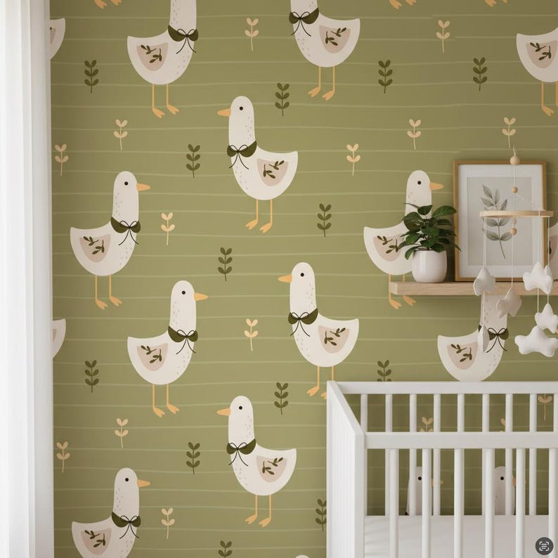Modern Goose Wallpaper Olive Green | Scandinavian Farmhouse Nursery ...