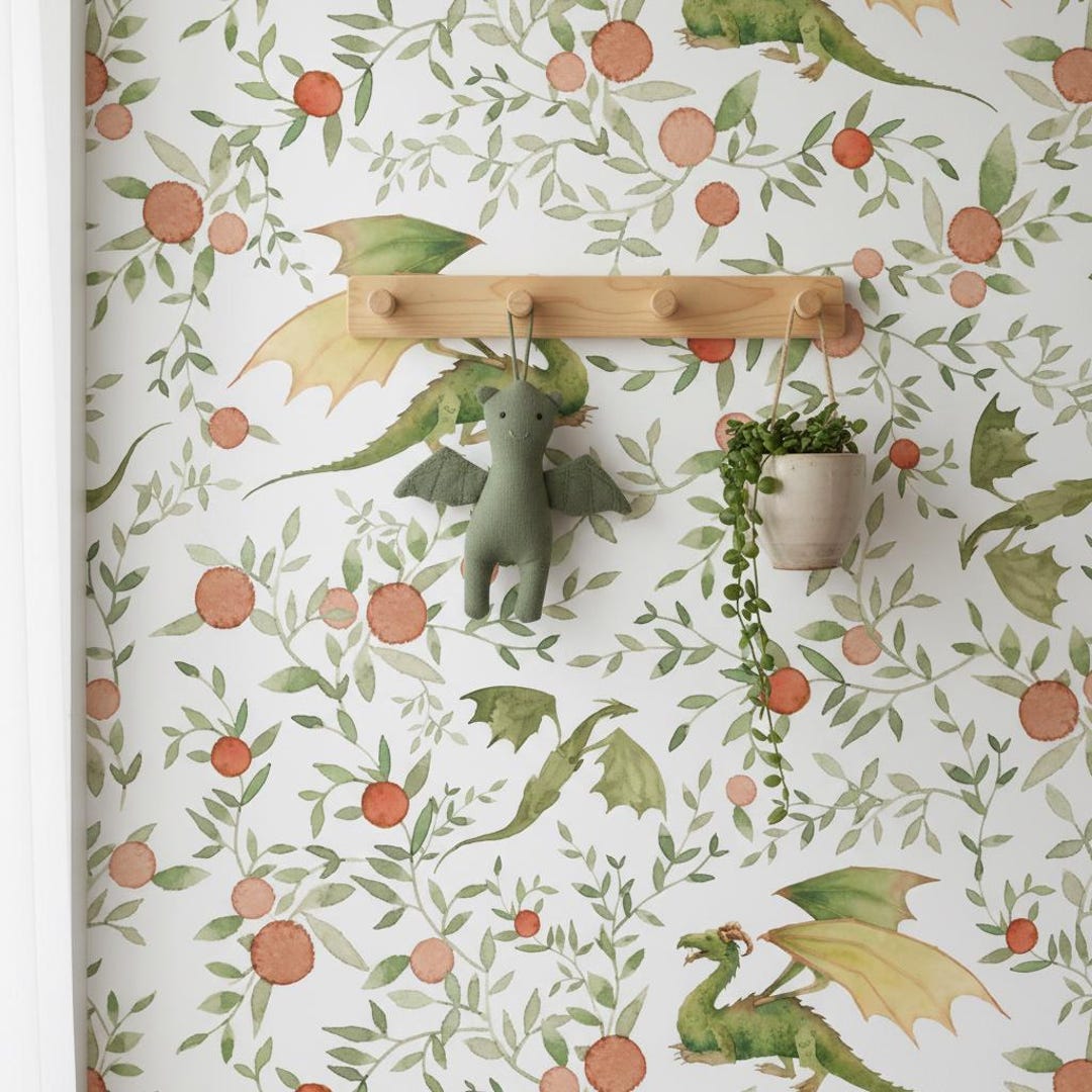 Dragon Wallpaper for Kids Room | Watercolor Nursery Wall Mural | Peel ...