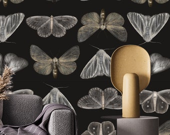 Moths and Butterflies Wallpaper: Dark Vintage Wall Mural (Peel and Stick or Traditional)