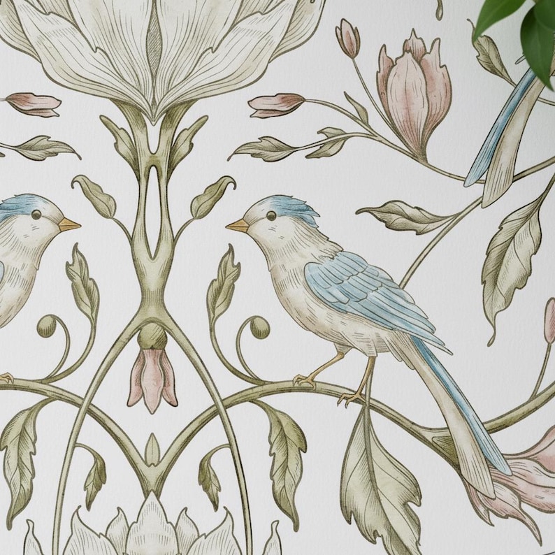 May include: Wallpaper featuring a repeating pattern of light blue birds perched on thin, winding green vines. The design includes soft pink and cream-colored floral elements, with delicate line work on a white background, creating a botanical scene.
