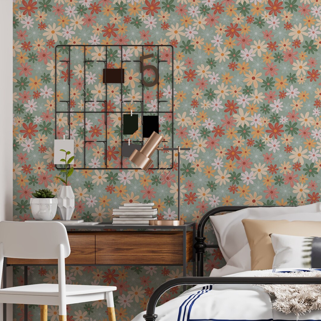 Retro Floral Peel and Stick Wallpaper – Vintage Daisy Wall Mural – Self ...