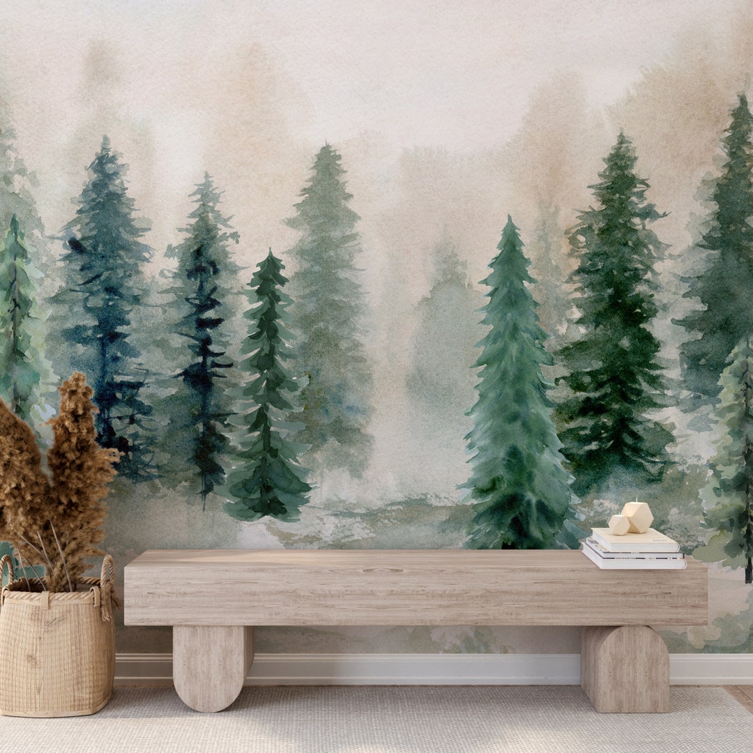 Watercolor Pine Tree Forest Mural: Misty Peel and Stick Wallpaper - Etsy