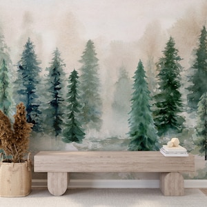 Watercolor Forest Mural - Misty Pine Tree Wallpaper - Nature Peel and Stick Wall Mural - Japandi Removable Wallpaper - Non-Woven Option