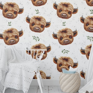 Highland cow wallpaper nursery decor, farm nursery peel and stick wall mural, animals nursery decor