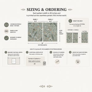 May include: Diagram illustrating wallpaper sizing and ordering instructions. The pattern width is 39 inches, printed as two seamless panels, each 19.5 inches wide. Instructions include measuring wall width, dividing by 39, rounding up, and ordering the calculated number of patterns.