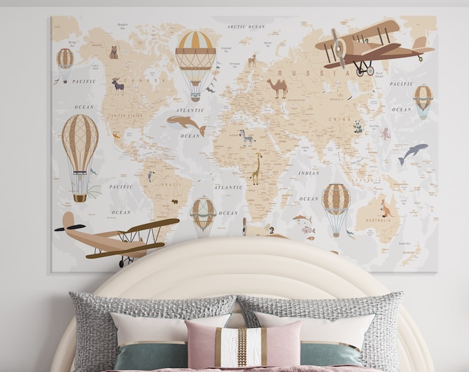 Nursery world map, kids world map, decorative world map for kids room