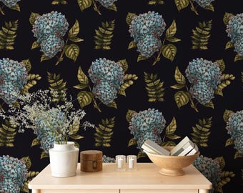 Moody Hydrangea Wallpaper Peel and Stick – Vintage Floral Wall Mural, Dark Botanical Removable Wallpaper