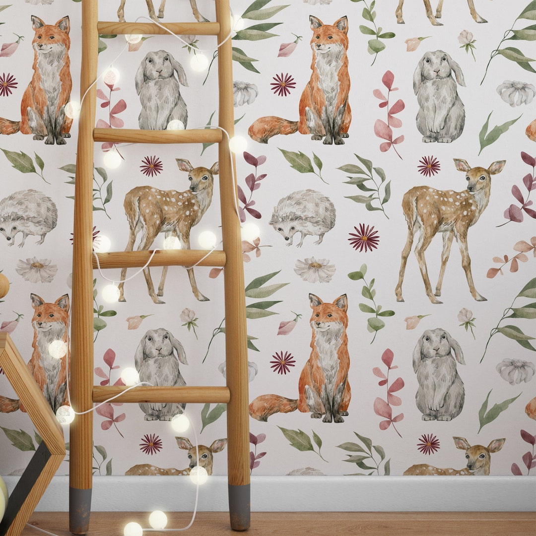 Kids Wallpaper Woodland Animals, Peel and Stick Wall Mural, Woodland Animals Nursery Decor, Peel
