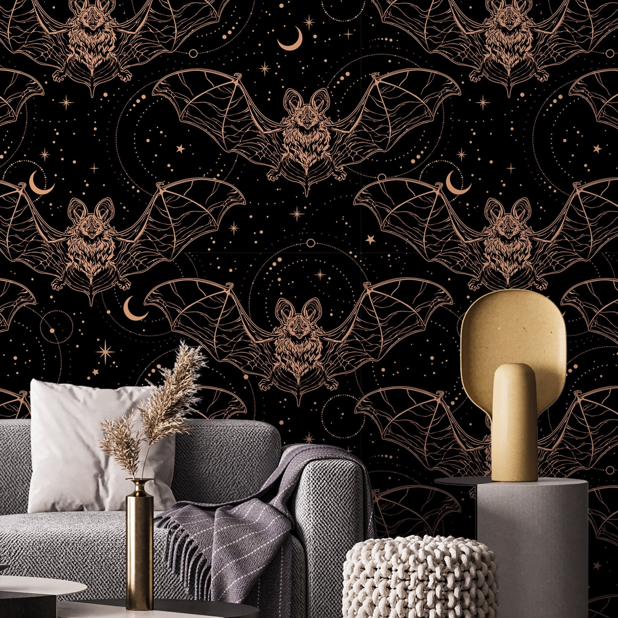 Dark Mystic Wallpaper, Gothic Bat Peel and Stick Mural, Peel and Stick or Traditional Wallpaper