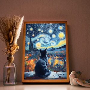 Schwarze Katze Sternennacht LED-Lichtmalerei: Van Gogh Art