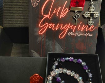 Club Sanguine: Box of Nails Duet (SIGNED COPY), Handmade Embroidered Velvet Bookmark, and Bracelets.
