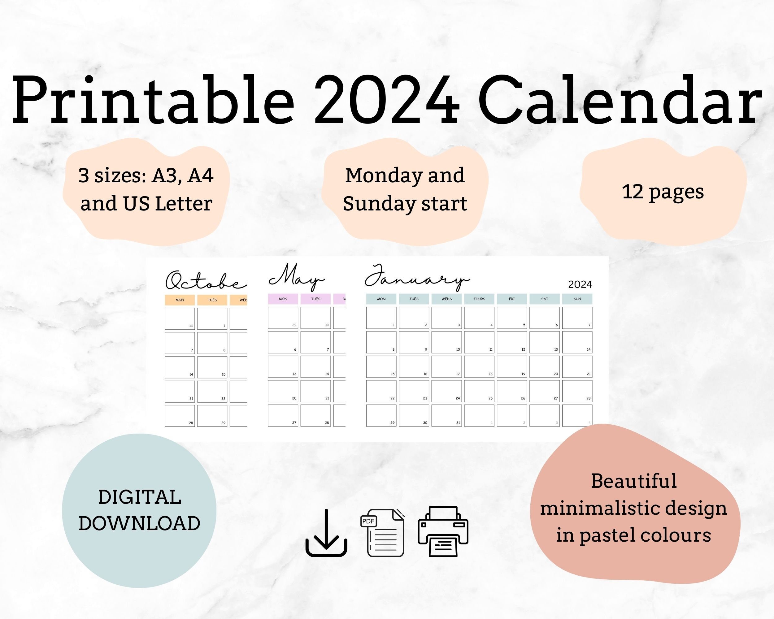 2024 Calendar Printable 2024 Monthly Planner Monday and Sunday Start Minimalist Calendar
