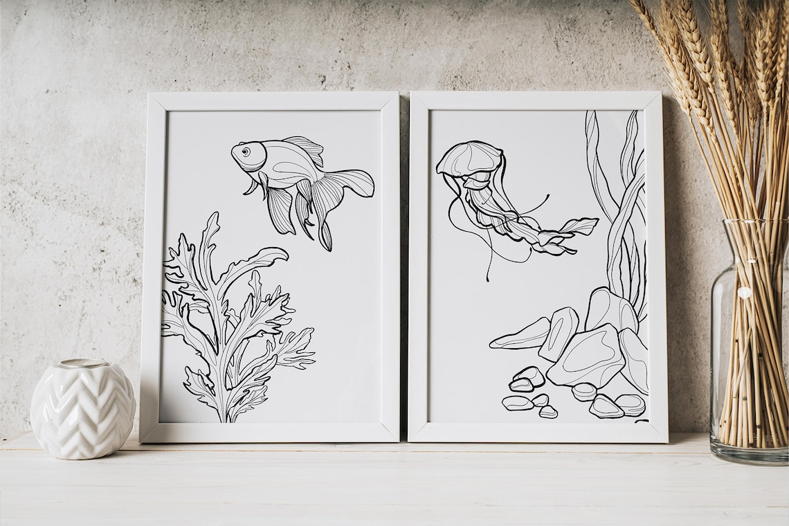 Sea Creatures Line Art SVG, PNG, and EPS Graphics. Marine Animals ...